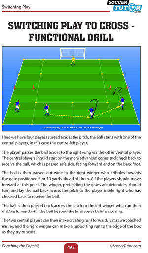 Coaching The Coach 2 book soccer drill diagrams with player movements and ball direction, plus step-by-step instructions—ideal for coaches seeking effective practice plans, phase plays, and small sided games.