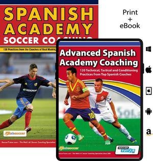 SoccerTutor’s "Spanish Academy Soccer Coaching + Advanced Spanish Academy Coaching" bundle (240 practices) is shown with youth and adult players, plus icons for print, eBook formats, and supported platforms.