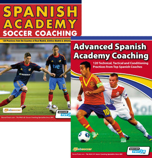 Covers of SoccerTutor’s “Spanish Academy Soccer Coaching + Advanced Spanish Academy Coaching – Bundle with 240 Practices” show players in red/blue and red/white uniforms performing soccer drills.