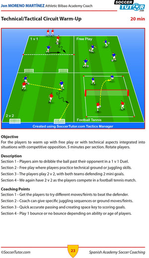 A soccer warm-up drill diagram from “Spanish Academy Soccer Coaching – 120 Practices from the Coaches of Real Madrid, Atlético Madrid & Athletic Bilbao” for 8 players with mini goals, 1v1/2v2 activities.