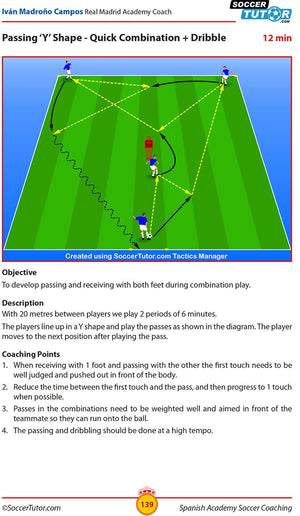 The Spanish Academy Soccer Coaching + Advanced Bundle by SoccerTutor includes 240 practices, featuring Y-pattern passing diagrams with player movements, arrows, and detailed coaching points to enhance training insights.