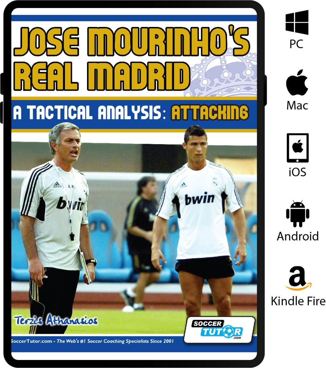 The SoccerTutor book "Jose Mourinho's Real Madrid: A Tactical Analysis - Attacking in the 4-2-3-1" is ideal for tactical football fans and works on PC, Mac, iOS, Android, and Kindle Fire. Features cover art with Mourinho and a Real Madrid player.