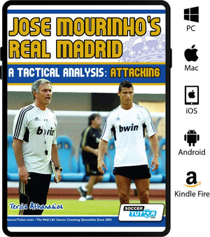 The SoccerTutor book "Jose Mourinho's Real Madrid: A Tactical Analysis - Attacking in the 4-2-3-1" is ideal for tactical football fans and works on PC, Mac, iOS, Android, and Kindle Fire. Features cover art with Mourinho and a Real Madrid player.