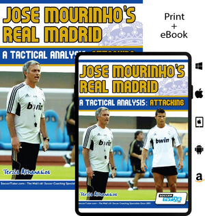 Cover of the book "Jose Mourinho's Real Madrid: A Tactical Analysis - Attacking in the 4-2-3-1" by SoccerTutor, featuring two men in white Real Madrid training gear on a soccer field with training equipment.