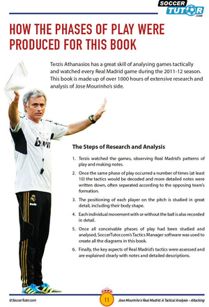 A middle-aged man in a white sports outfit holds a soccer ball aloft. The image references SoccerTutor’s "Jose Mourinho's Real Madrid: A Tactical Analysis - Attacking in the 4-2-3-1" and explores research steps on Mourinho’s 2011-12 tactics.