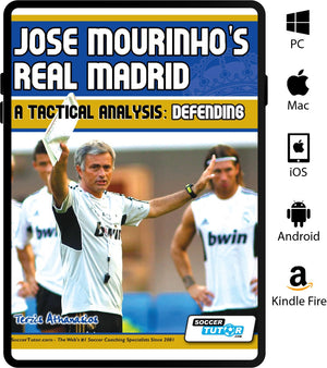 Cover of Jose Mourinhos Real Madrid: A Tactical Analysis - Defending in the 4-2-3-1 shows Mourinho with a clipboard on the field, SoccerTutor branding, and icons for PC, Mac, iOS, Android, and Kindle Fire.
