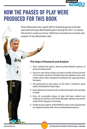 A page from SoccerTutors Jose Mourinhos Real Madrid: A Tactical Analysis - Defending in the 4-2-3-1 shows phases of play analysis, with a man in a tracksuit and soccer ball, plus blue-white tactics graphics and step-by-step research text.