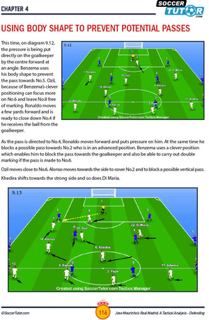 A diagram from SoccerTutors Jose Mourinhos Real Madrid: A Tactical Analysis – Defending in the 4-2-3-1 shows Ronaldo blocking a pass to Özil, aiding Benzema’s press. Arrows and text explain player movement and tactics.