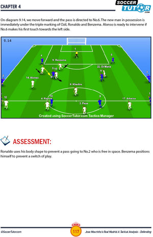 SoccerTutors Jose Mourinhos Real Madrid: A Tactical Analysis - Defending in the 4-2-3-1 features diagrams of Ozil, Ronaldo, and Benzema forming triangles around the ball, with arrows for passing and defenders blocking advances.