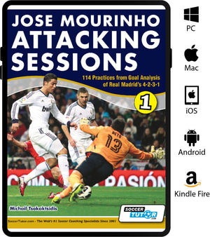 Jose Mourinho Attacking Sessions - 114 Practices from Goal Analysis of Real Madrid by SoccerTutor. Cover shows a Real Madrid player scoring past a keeper, with icons for PC, Mac, iOS, Android & Kindle Fire. Ideal for football tactics fans.