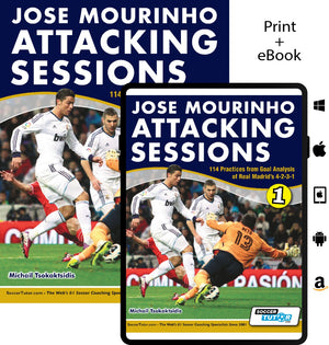 Book cover for Jose Mourinho Attacking Sessions - 114 Practices from Goal Analysis of Real Madrid by SoccerTutor shows players in white jerseys celebrating as an orange-clad keeper dives, with print & eBook download icons for multiple platforms.