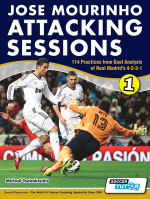 Cover of Jose Mourinho Attacking Sessions by SoccerTutor, showing players in action as one tries to score past a keeper. Features 114 attacking drills based on Real Madrid’s goal analysis and their 4-2-3-1 formation.