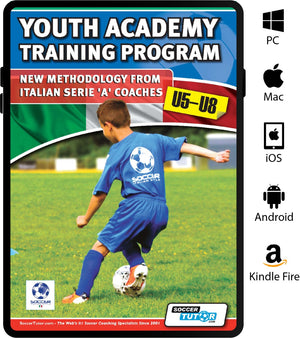 A boy in blue soccer gear readies to kick a ball on grass, highlighting SoccerTutor’s Youth Academy Training Program U5-8—new Italian Serie methodology. PC, Mac, iOS, Android, and Kindle Fire icons are shown on the right.