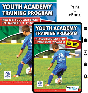 Cover of "Youth Academy Training Program U5-8 - New Methodology From Italian Serie" by SoccerTutor, featuring a young boy in a blue soccer uniform kicking a ball.