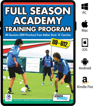 SoccerTutor’s Full Season Academy Training Program U9-12 cover shows three young players in blue, with text highlighting 40 sessions (200 practices) from Italian Serie A coaches. Device icons on the right indicate easy digital access.