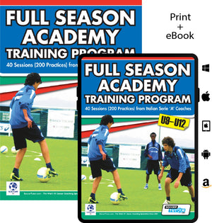 Two covers for Full Season Academy Training Program U9-12 - 40 Sessions (200 Practices) from Italian Serie A Coaches by SoccerTutor show young soccer players, with icons for print and eBook formats for easy access on any platform.