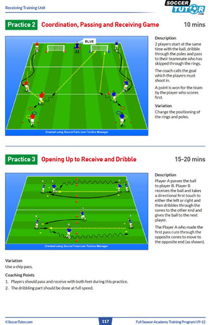 The SoccerTutor Full Season Academy Training Program U9-12 features diagrams for two drills—passing and receiving through rings, and receiving plus dribbling around rings—with coaching tips and detailed product info from Serie A coaches.