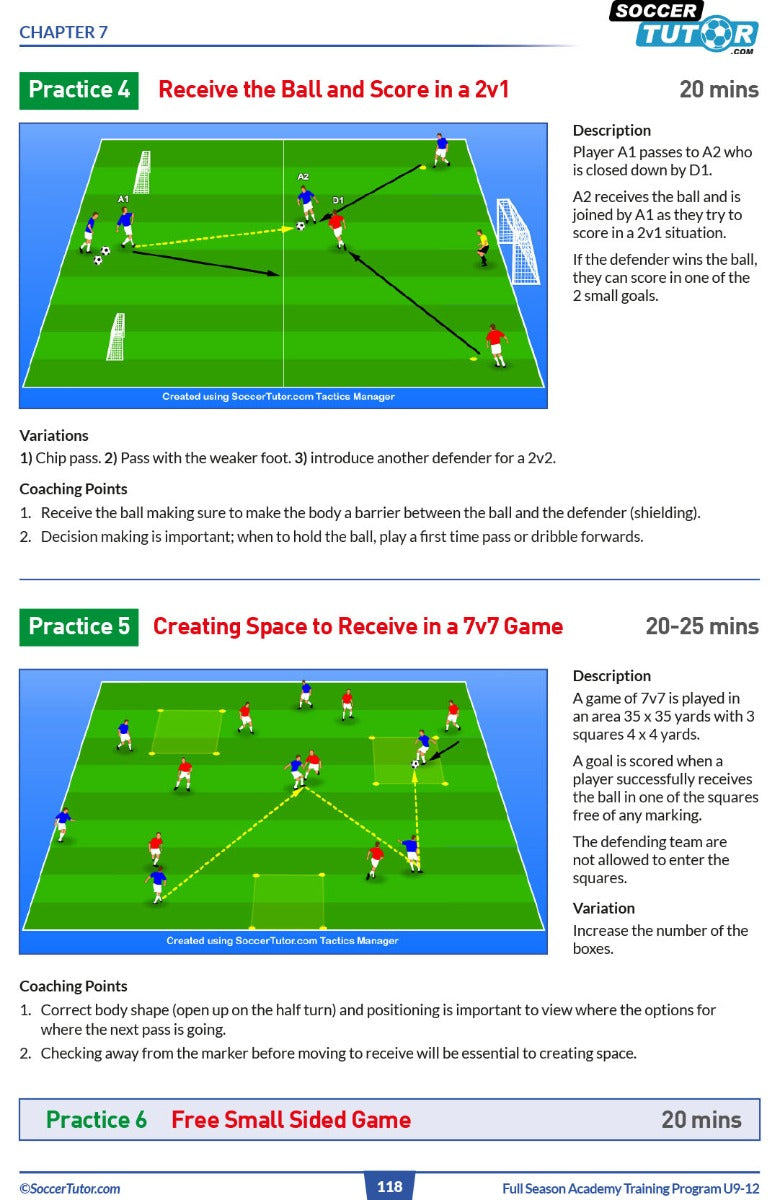 The SoccerTutor Full Season Academy Training Program U9-15 (2 Book Bundle) offers 88 sessions (440 practices) with instructions, objectives, and field diagrams, including 2v1 scoring drills and 7v7 games focused on creating space.