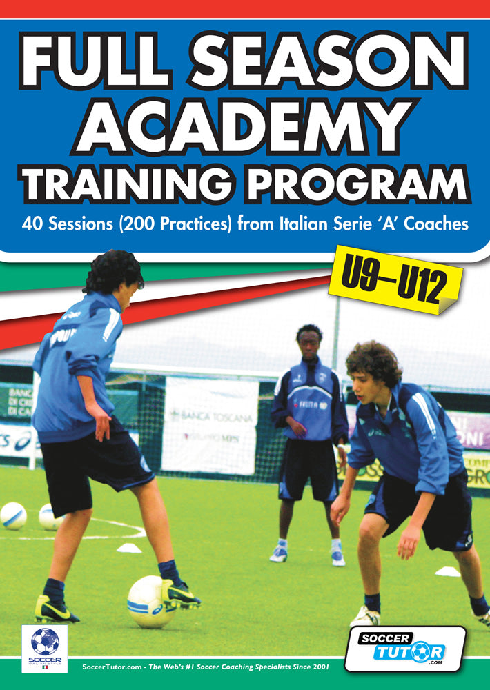 Three boys in blue soccer uniforms practice on a green field. The Full Season Academy Training Program U9-12 by SoccerTutor offers 40 sessions (200 practices) from top Italian Serie A coaches for young athletes.