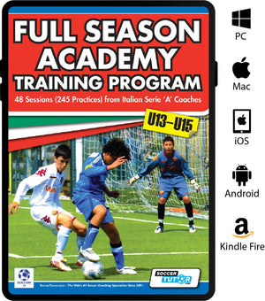 Cover of SoccerTutor’s “Full Season Academy Training Program U13-15 – 48 Sessions (240 Practices) from Italian Serie 'A' Coaches,” featuring three boys playing soccer, plus PC, Mac, iOS, Android, and Kindle Fire logos.