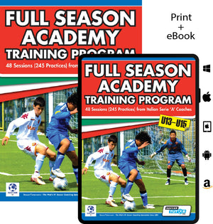 Cover of SoccerTutor's "Full Season Academy Training Program U13-15 – 48 Sessions (240 Practices) from Italian Serie 'A' Coaches," featuring two youth players. Available in print and eBook for Apple, Android, and Amazon. Ideal for full-season planning.
