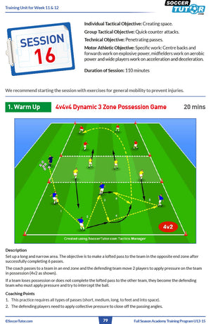 The Full Season Academy Training Program U13-15 by SoccerTutor offers 48 detailed sessions (240 practices) from Italian Serie 'A' coaches, each with instructions, objectives, diagrams, plus email or HTML code for easy integration.