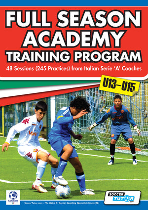 Cover of SoccerTutor’s "Full Season Academy Training Program U13-15 – 48 Sessions (240 Practices) from Italian Serie 'A' Coaches," showing three teens on the field. Highlights elite academy-level youth player development.