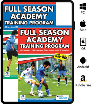 Two overlapping SoccerTutor books, "Full Season Academy Training Program U9-15 - 88 Sessions (440 Practices) - 2 Book Bundle," feature youth soccer action and icons for PC, Mac, iOS, Android, and Kindle Fire compatibility.