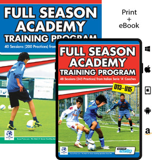 Two "Full Season Academy Training Program U9-15 - 88 Sessions (440 Practices) - 2 Book Bundle" covers by SoccerTutor are shown, each featuring players practicing drills and highlighting the comprehensive academy training programs included.