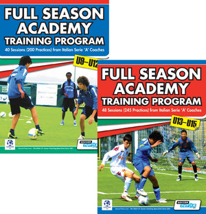 Two SoccerTutor book covers for "Full Season Academy Training Program U9-15 – 88 Sessions (440 Practices) – 2 Book Bundle" feature youth players in blue, titles, session counts, and age groups—perfect for skill development with targeted sessions.