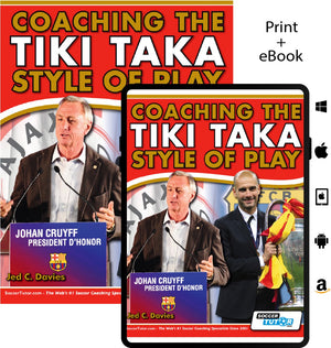 Book cover for Coaching the Tiki Taka Style of Play by SoccerTutor, showing both print and eBook editions with vibrant backgrounds, soccer logos, and digital icons. Product description appears incomplete or incorrectly formatted.