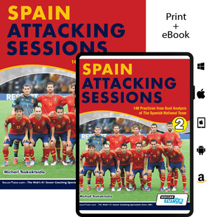 Book cover for Spain Attacking Sessions - 140 Practices from Goal Analysis of the Spanish National Team by SoccerTutor, featuring a red-clad soccer team, bold yellow and red text, and an eBook version shown on a tablet.