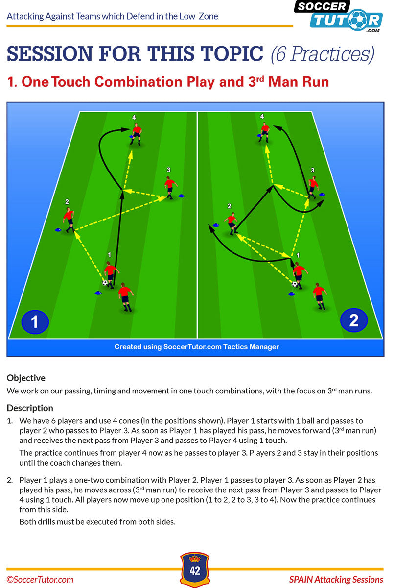The SoccerTutor Jose Mourinho + Spain Attacking Sessions bundle features over 250 drills, including diagrams with three players, passing sequences, and clear movement arrows on a half-field for effective soccer training.