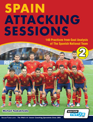 Cover of SoccerTutor’s book Spain Attacking Sessions – 140 Practices from Goal Analysis of the Spanish National Team shows 11 Spanish players on a field with bold yellow and red text plus a large number 2—perfect for coaches seeking proven strategies.