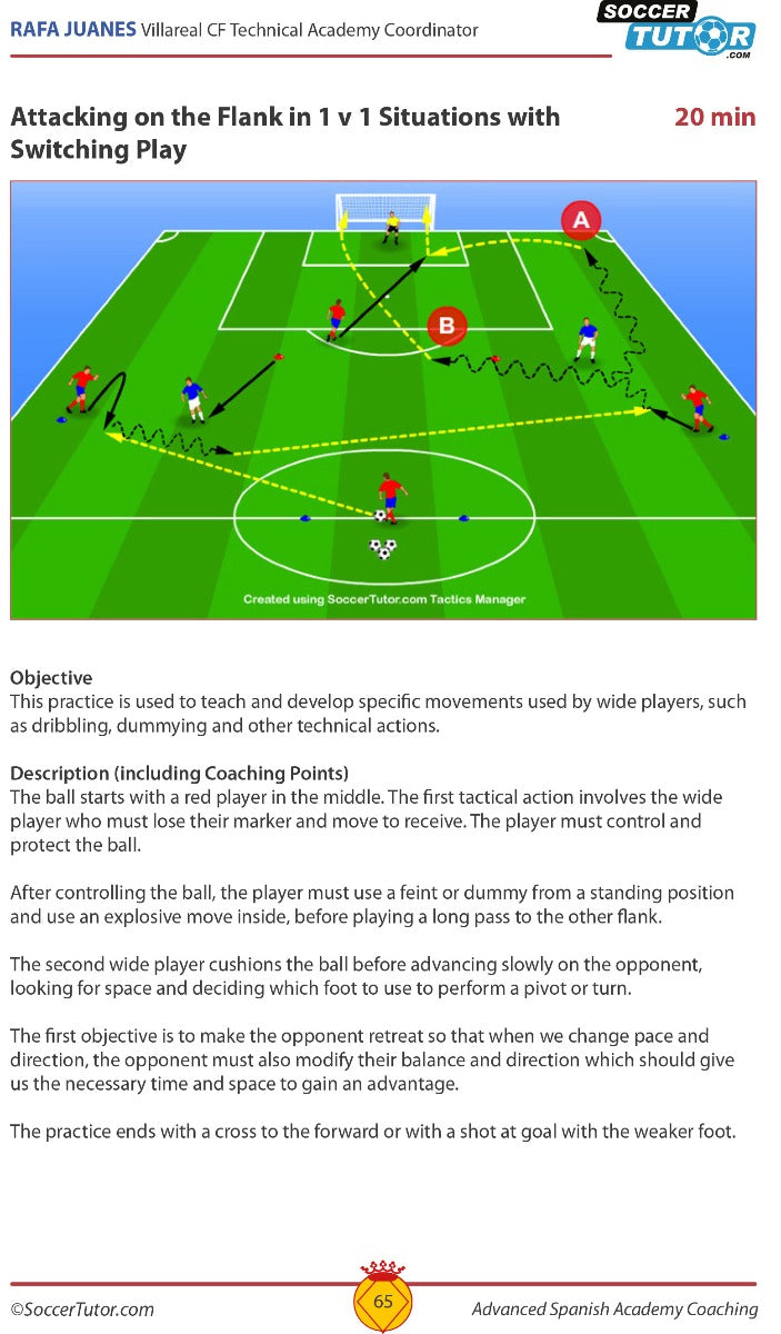Diagram from SoccerTutor’s "Advanced Spanish Academy Coaching" shows a 1v1 flank attack tactic. Cones mark the field, arrows indicate ball movement, and players A, B, C demonstrate switching play. Includes text instructions below.