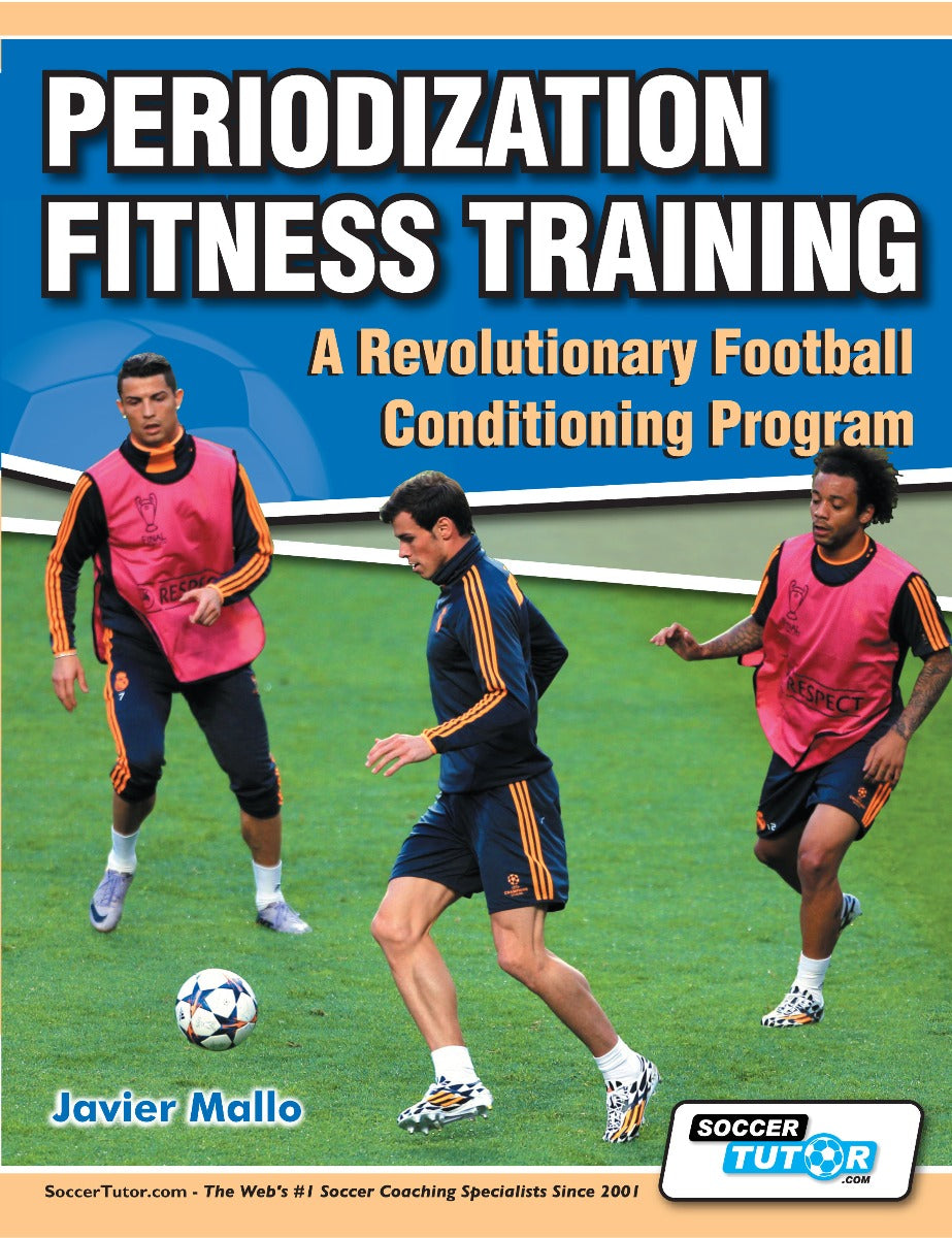 Four players in bibs train on a green field, one with the ball. Text: Periodization Fitness Training – A Revolutionary Football Conditioning Program by SoccerTutor.