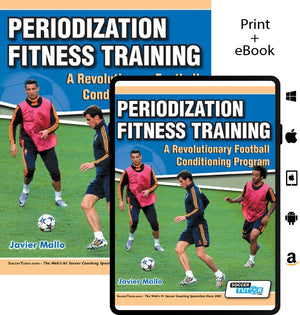 Book and eBook cover for SoccerTutor’s Periodization Fitness Training – A Revolutionary Football Conditioning Program, featuring four players in orange and black on a green field. Icons highlight both print and eBook formats.