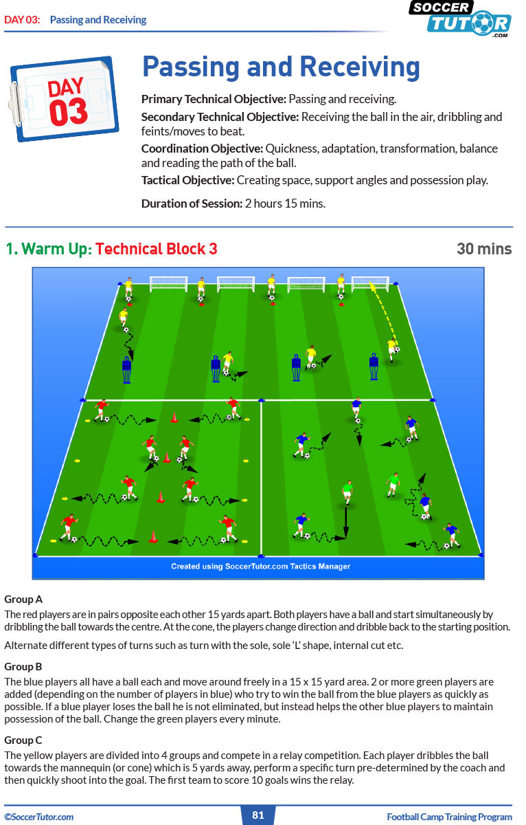 The Football Camp Training Program by SoccerTutor, designed by Soccer Italian Style Coaches, offers passing and receiving drills with objectives, setup details, warm-up tips, and diagrams highlighting player positions and movements.