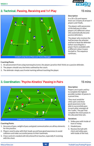 Two soccer drills from the Football Camp Training Program - from the Soccer Italian Style Coaches by SoccerTutor show players passing in a square and in pairs on green fields with cones and goals. Instructions are displayed on the right.