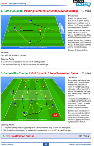 The SoccerTutor Football Camp Training Program - from the Soccer Italian Style Coaches offers pro academy-inspired sessions with 3v2 passing drills and a 4v4+4 three-zone game, including instructions, diagrams, coaching tips, and variations.