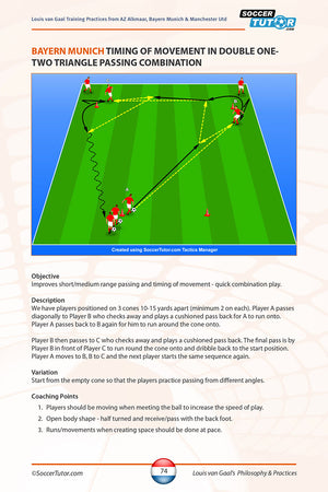 A diagram from SoccerTutor’s "Louis van Gaal's Coaching Philosophy and Practices" shows players performing a double one-two triangle passing drill, detailing ball movement, player runs, objectives, instructions, and key coaching points.