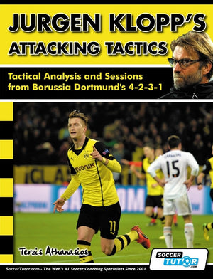 The book cover for SoccerTutor’s Jurgen Klopp’s Attacking Tactics shows Klopp’s photo above a celebrating Borussia Dortmund player, illustrating a tactical analysis and training sessions of the club’s 4-2-3-1 system.