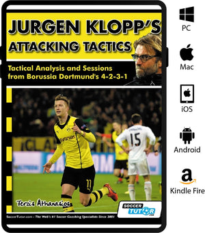 Book cover of "Jurgen Klopp's Attacking Tactics - Tactical Analysis and Sessions from Borussia Dortmund's 4-2-3-1" by SoccerTutor, featuring Klopp, Dortmund players in yellow, and compatible device icons on the right.