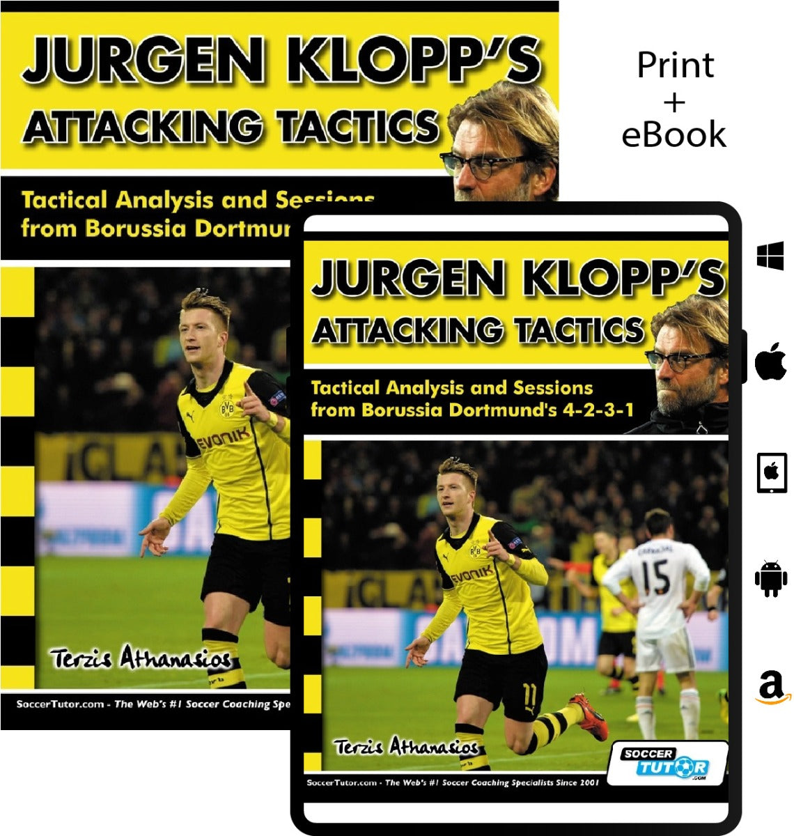 Book cover and tablet display "Jurgen Klopp's Attacking Tactics - Tactical Analysis and Sessions from Borussia Dortmund's 4-2-3-1" by SoccerTutor, with Klopp and Dortmund players in yellow, plus icons for print, eBook, and app stores.