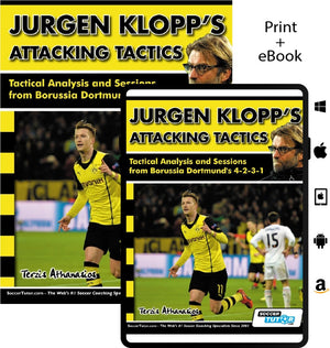 Book cover and tablet display "Jurgen Klopp's Attacking Tactics - Tactical Analysis and Sessions from Borussia Dortmund's 4-2-3-1" by SoccerTutor, with Klopp and Dortmund players in yellow, plus icons for print, eBook, and app stores.