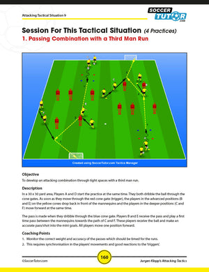 SoccerTutor’s session sheet from "Jurgen Klopp's Attacking Tactics - Tactical Analysis and Sessions from Borussia Dortmund's 4-2-3-1" features a field diagram for passing combinations and third-man runs, objectives, coaching points, and a yellow 160 badge.