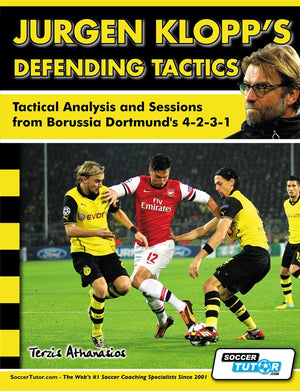 Cover of "Jurgen Klopp's Defending Tactics - Tactical Analysis and Sessions from Borussia Dortmund's 4-2-3-1" by SoccerTutor, featuring action scenes with Borussia Dortmund and Arsenal players, Jurgen Klopp's photo, and bold yellow, black, and white text.