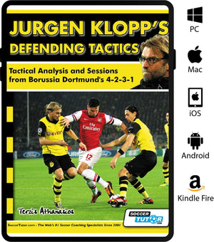 The cover of SoccerTutor's "Jurgen Klopp's Defending Tactics - Tactical Analysis and Sessions from Borussia Dortmund's 4-2-3-1" shows soccer players in action, Klopp’s photo, and platform icons on the right side.