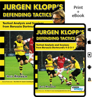 The cover of SoccerTutor’s "Jurgen Klopp's Defending Tactics - Tactical Analysis and Sessions from Borussia Dortmund's 4-2-3-1" shows Dortmund players pressing Arsenal, highlighting Klopp’s defensive strategies.