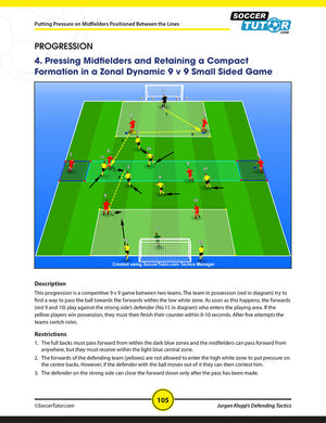 A soccer tactics diagram shows a 9v9 formation on a green field, featuring SoccerTutor’s "Jurgen Klopp's Attacking and Defending Tactics (4-2-3-1) – 2 Book Bundle," with arrows for player movements plus pressing and tactical instructions.